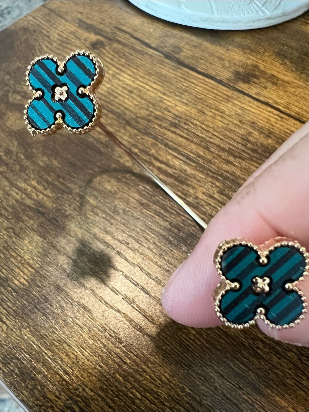 Gold-Tone Clover Stud Earrings in Teal and Black Stripe